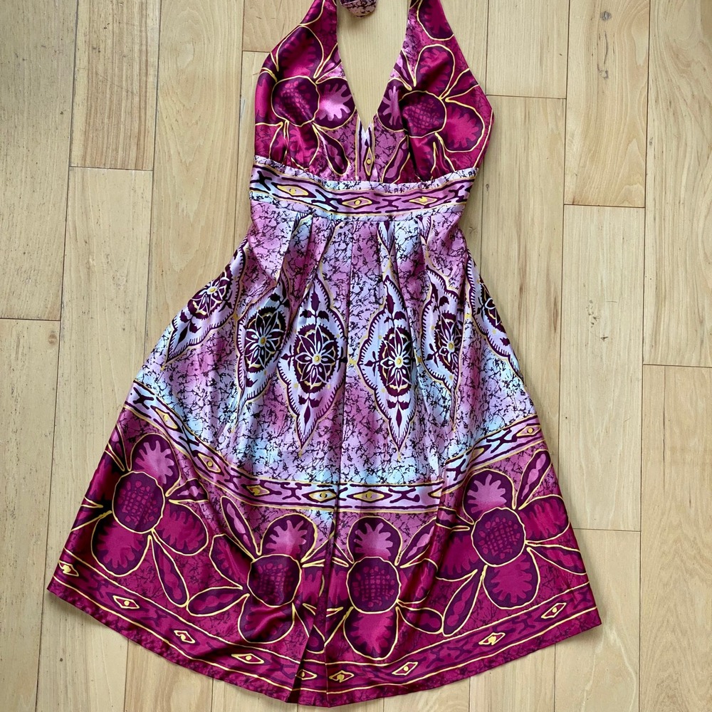 Charlotte Russe Y2K Pink Scarf Print Halter Dress Boho Silk Style Satin - L